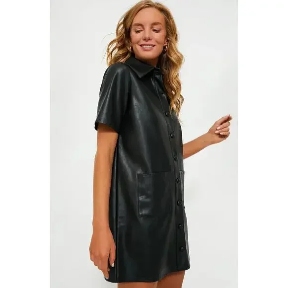 TUCKERNUCK NWT Leather Violetta Shirt Dress Black Short Sleeves Women's M - Picture 12 of 13